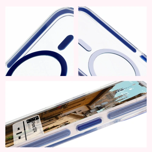 Etui z pierścieniem magnetycznym Bizon Case Marco do Apple iPhone 14 / Apple iPhone 13 przezroczyste z niebieską ramką