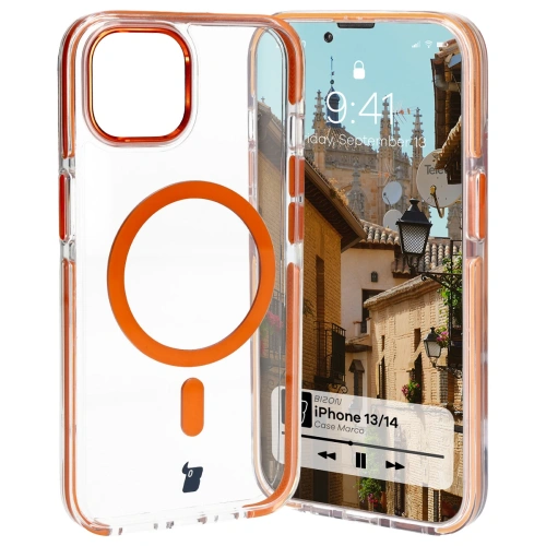 Etui z pierścieniem magnetycznym Bizon Case Marco do Apple iPhone 14 / Apple iPhone 13 przezroczyste z pomarańczową ramką