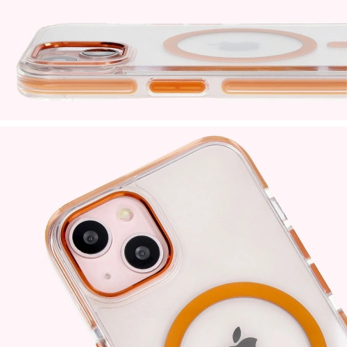 Etui z pierścieniem magnetycznym Bizon Case Marco do Apple iPhone 14 / Apple iPhone 13 przezroczyste z pomarańczową ramką