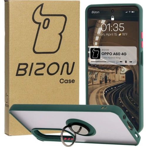 Etui z uchwytem na palec Bizon Case Hybrid Ring do Oppo A60 4G przydymione z ciemnozieloną ramką