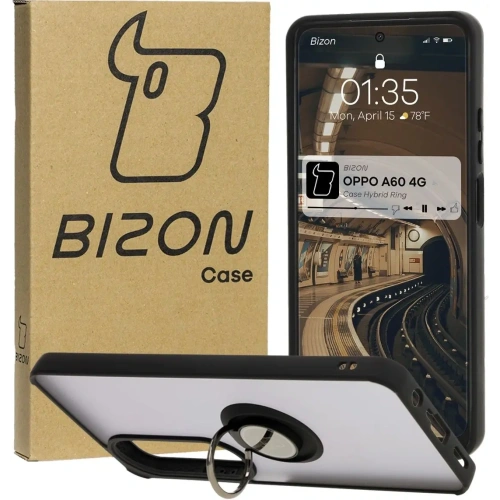 Etui z uchwytem na palec Bizon Case Hybrid Ring do Oppo A60 4G przydymione z czarną ramką