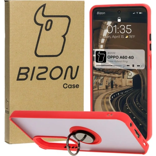 Etui z uchwytem na palec Bizon Case Hybrid Ring do Oppo A60 4G przydymione z czerwoną ramką