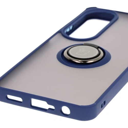 Etui z uchwytem na palec Bizon Case Hybrid Ring do Oppo A60 4G przydymione z granatową ramką