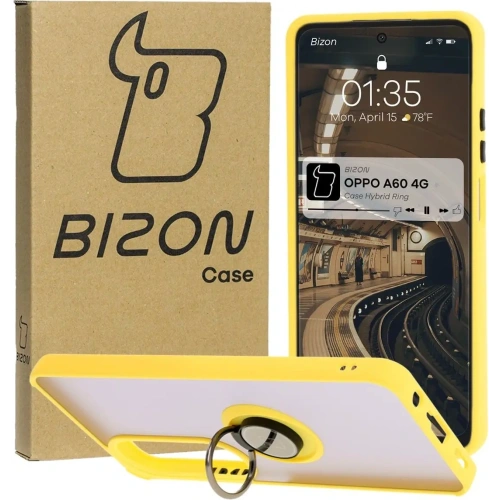 Etui z uchwytem na palec Bizon Case Hybrid Ring do Oppo A60 4G przydymione z żółtą ramką