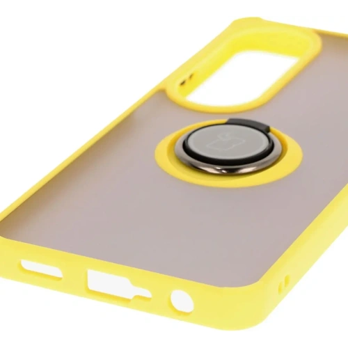 Etui z uchwytem na palec Bizon Case Hybrid Ring do Oppo A60 4G przydymione z żółtą ramką