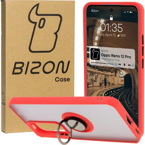 Etui z uchwytem na palec Bizon Case Hybrid Ring do Oppo Reno 12 Pro przydymione z czerwoną ramką