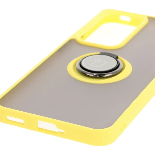 Etui z uchwytem na palec Bizon Case Hybrid Ring do Oppo Reno 12 Pro przydymione z żółtą ramką