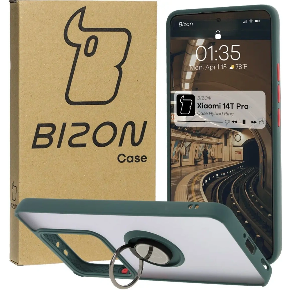 Hurtownia GSM - Etui s úchopem na prst Bizon Case Hybrid Ring pro Xiaomi 14T Pro kouřové s tmavě zeleným rámečkem - BIZ6920 - {ean13} - Hurt