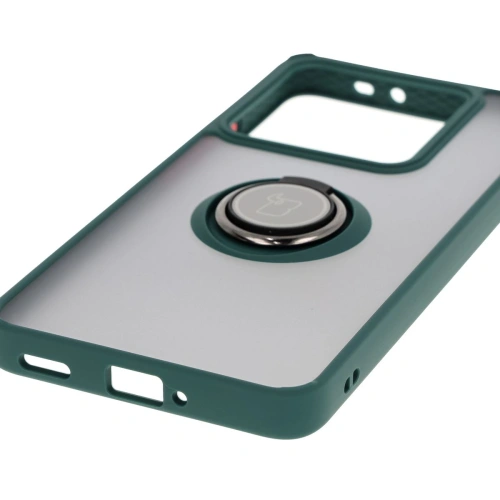 Etui z uchwytem na palec Bizon Case Hybrid Ring do Xiaomi 14T Pro przydymione z ciemnozieloną ramką