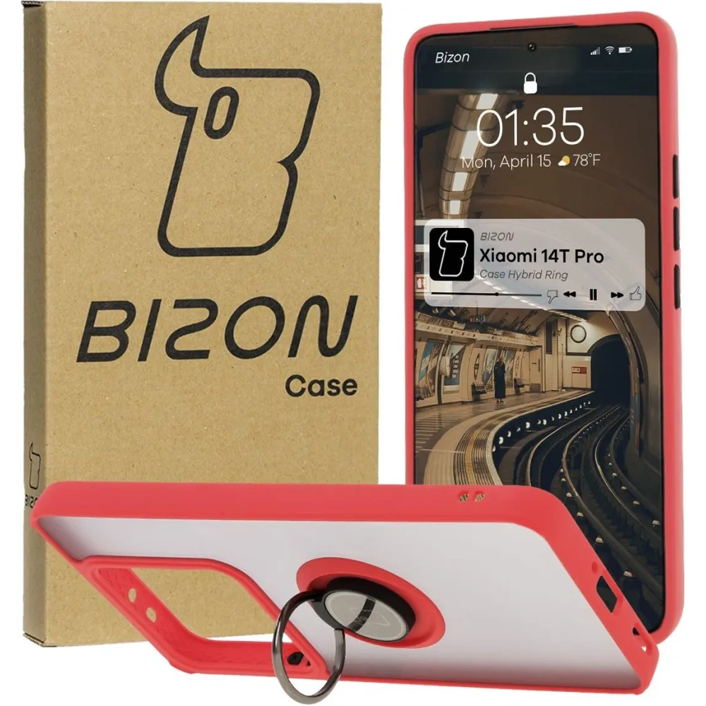 Hurtownia GSM - Etui s úchytem na prst Bizon Case Hybrid Ring pro Xiaomi 14T Pro kouřové s červeným rámečkem - BIZ6922 - {ean13} - Hurt