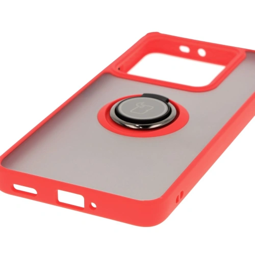 Etui z uchwytem na palec Bizon Case Hybrid Ring do Xiaomi 14T Pro przydymione z czerwoną ramką