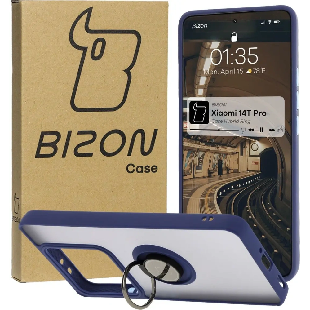 Hurtownia GSM - Etui s úchytem na palec Bizon Case Hybrid Ring do Xiaomi 14T Pro kouřové s modrým rámem - BIZ6923 - {ean13} - Hurt