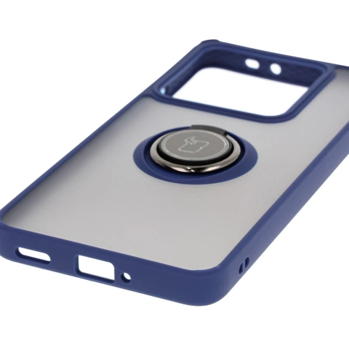 Etui z uchwytem na palec Bizon Case Hybrid Ring do Xiaomi 14T Pro przydymione z granatową ramką