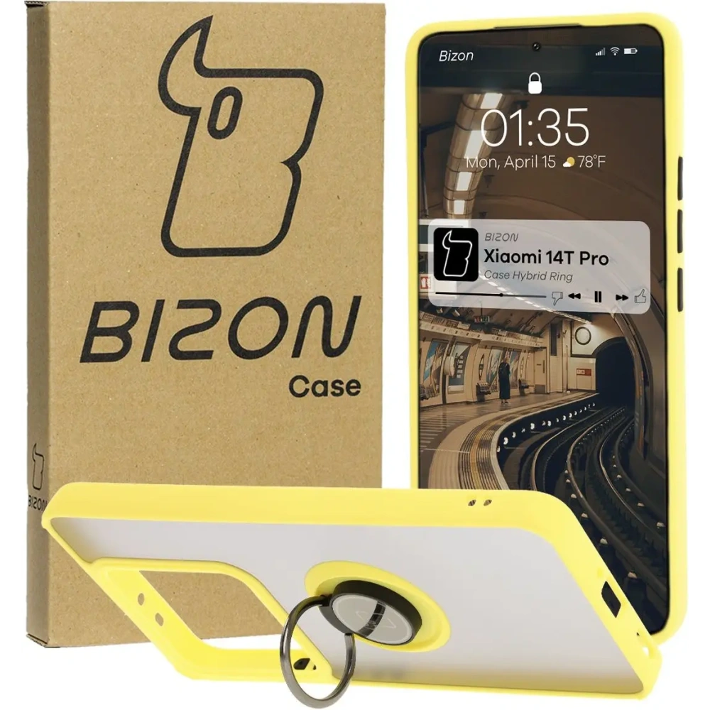 Hurtownia GSM - Etui s úchopem na prst Bizon Case Hybrid Ring do Xiaomi 14T Pro kouřové s žlutým rámečkem - BIZ6925 - {ean13} - Hurt