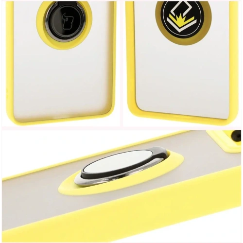Etui z uchwytem na palec Bizon Case Hybrid Ring do Xiaomi 14T Pro przydymione z żółtą ramką