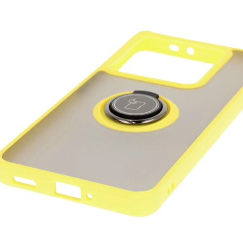 Etui z uchwytem na palec Bizon Case Hybrid Ring do Xiaomi 14T Pro przydymione z żółtą ramką
