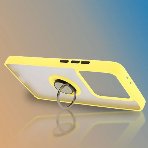 Etui z uchwytem na palec Bizon Case Hybrid Ring do Xiaomi 14T Pro przydymione z żółtą ramką