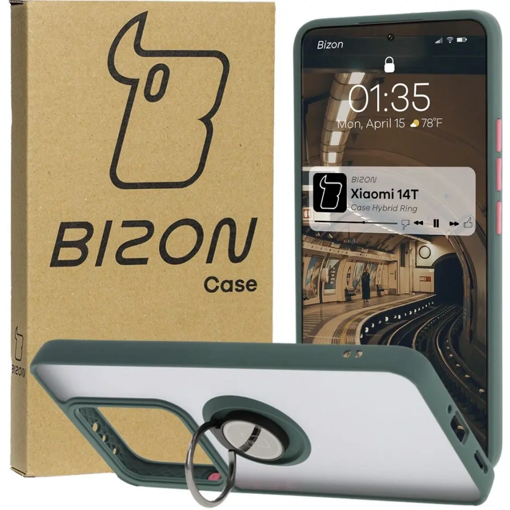 Hurtownia GSM - Etui s úchopem na prst Bizon Case Hybrid Ring pro Xiaomi 14T kouřové s tmavě zeleným rámem - BIZ6926 - {ean13} - Hurt