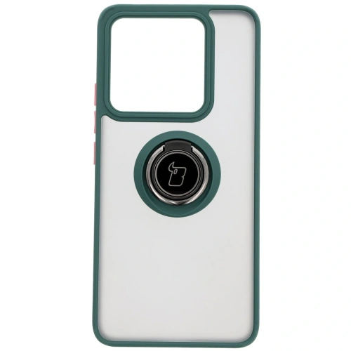 Etui z uchwytem na palec Bizon Case Hybrid Ring do Xiaomi 14T przydymione z ciemnozieloną ramką