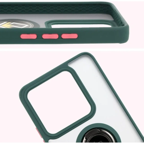 Etui z uchwytem na palec Bizon Case Hybrid Ring do Xiaomi 14T przydymione z ciemnozieloną ramką