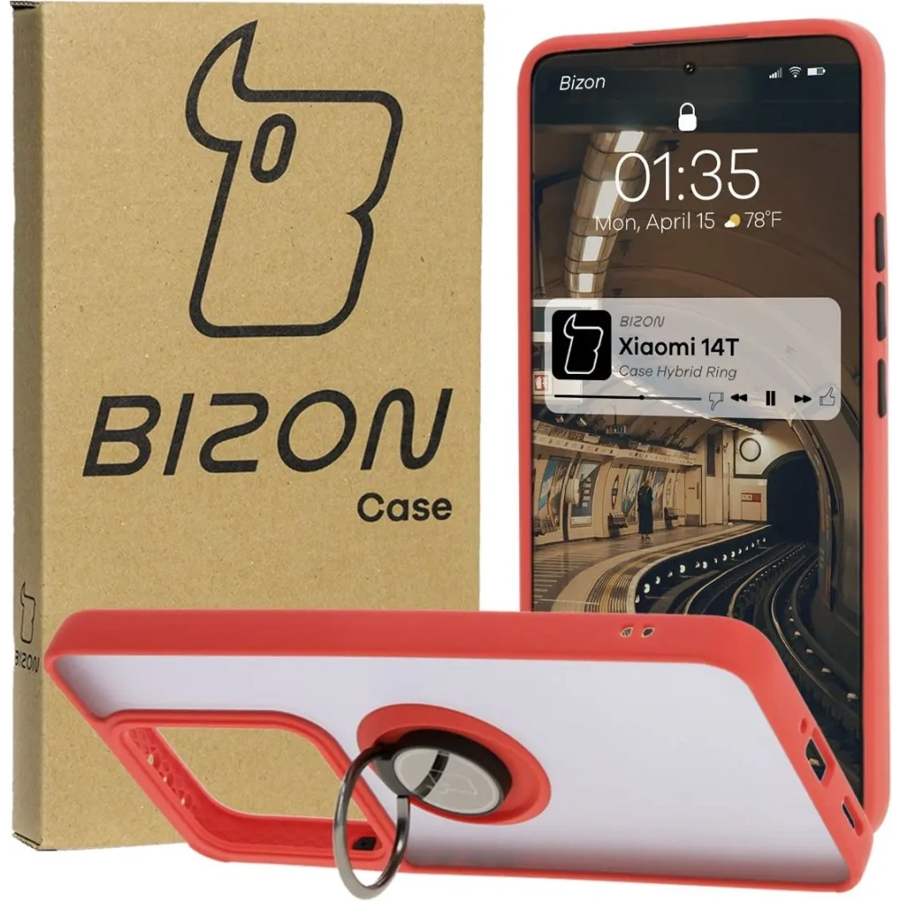 Hurtownia GSM - Etui s úchytem na prst Bizon Case Hybrid Ring do Xiaomi 14T kouřové s červeným rámečkem - BIZ6928 - {ean13} - Hurt