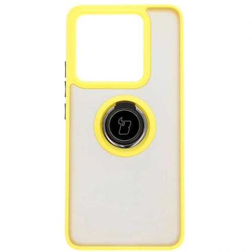 Etui z uchwytem na palec Bizon Case Hybrid Ring do Xiaomi 14T przydymione z żółtą ramką