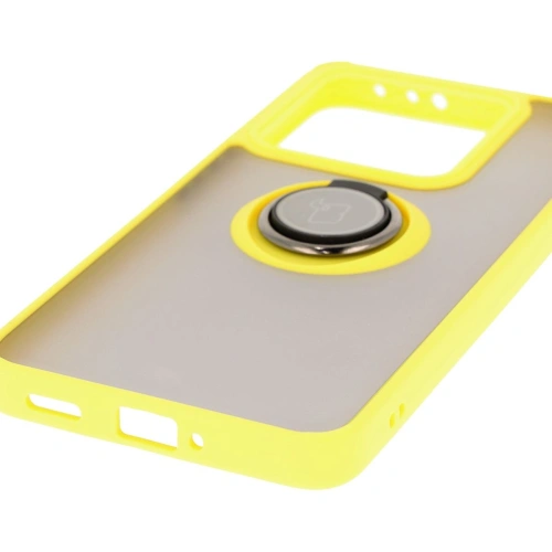 Etui z uchwytem na palec Bizon Case Hybrid Ring do Xiaomi 14T przydymione z żółtą ramką