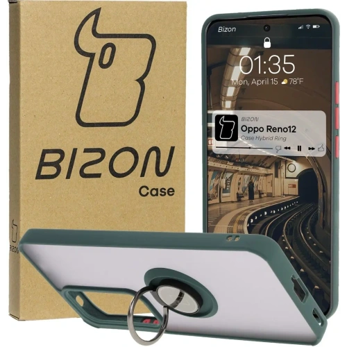 Etui z uchwytem na palec Bizon Case Hybrid Ring do Oppo Reno 12 przydymione z ciemnozieloną ramką