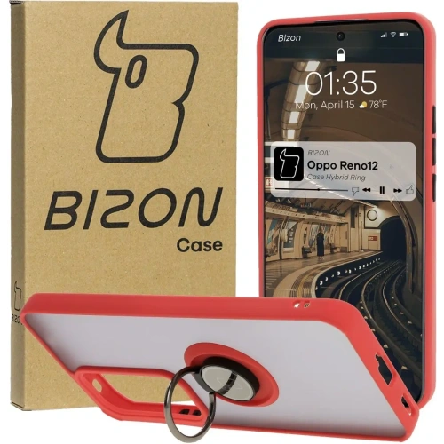 Etui z uchwytem na palec Bizon Case Hybrid Ring do Oppo Reno 12 przydymione z czerwoną ramką