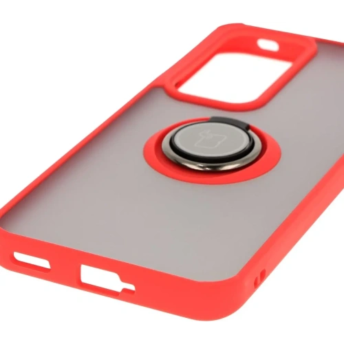 Etui z uchwytem na palec Bizon Case Hybrid Ring do Oppo Reno 12 przydymione z czerwoną ramką