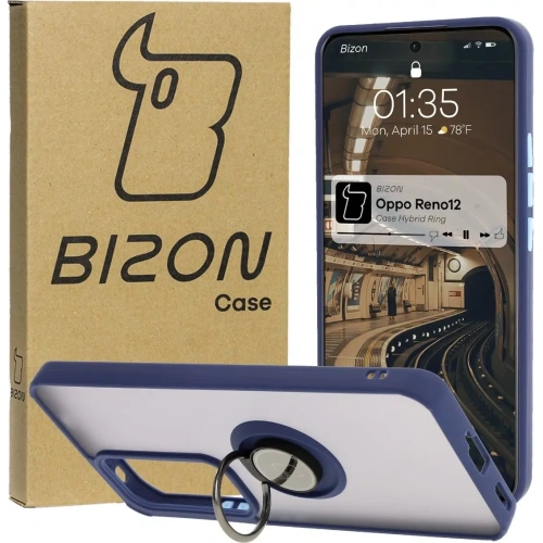 Etui z uchwytem na palec Bizon Case Hybrid Ring do Oppo Reno 12 przydymione z granatową ramką