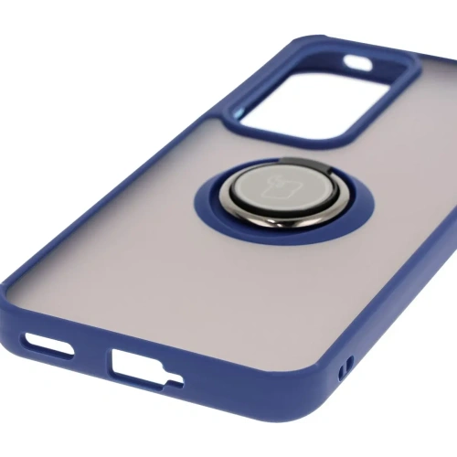 Etui z uchwytem na palec Bizon Case Hybrid Ring do Oppo Reno 12 przydymione z granatową ramką