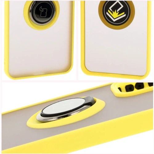 Etui z uchwytem na palec Bizon Case Hybrid Ring do Oppo Reno 12 przydymione z żółtą ramką