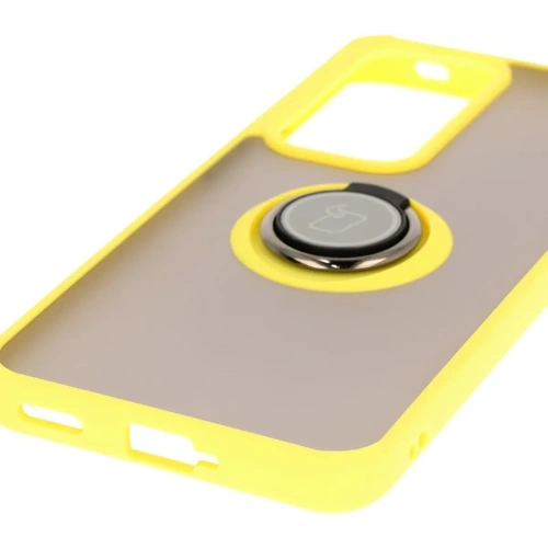 Etui z uchwytem na palec Bizon Case Hybrid Ring do Oppo Reno 12 przydymione z żółtą ramką