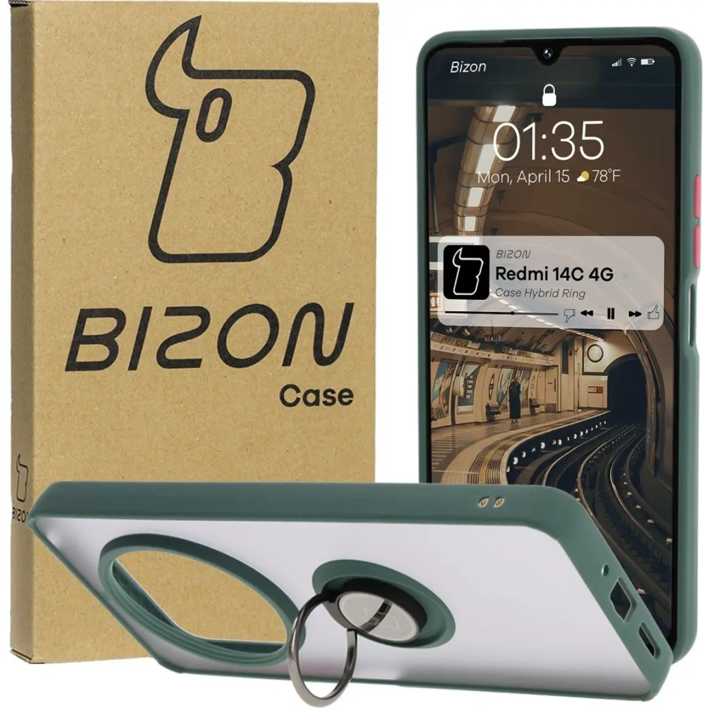 Hurtownia GSM - Bizon Case Hybrid Ring Xiaomi Redmi 14C 4G / POCO C75 rauchig mit einem dunkelgrünen Rahmen - BIZ6941 - {ean13} - Hurt