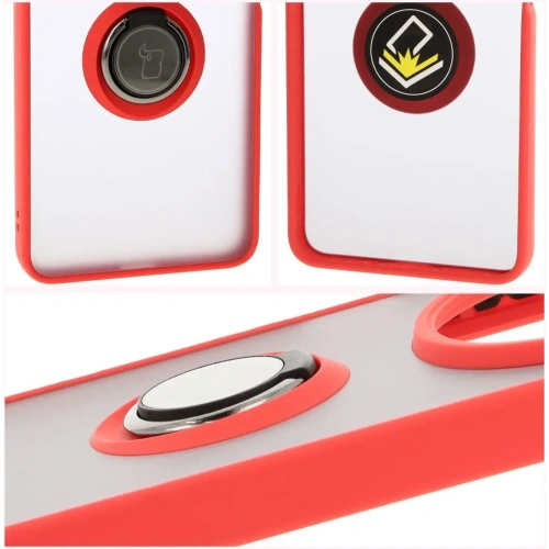 Etui z uchwytem na palec Bizon Case Hybrid Ring do Xiaomi Redmi 14C 4G / POCO C75 przydymione z czerwoną ramką