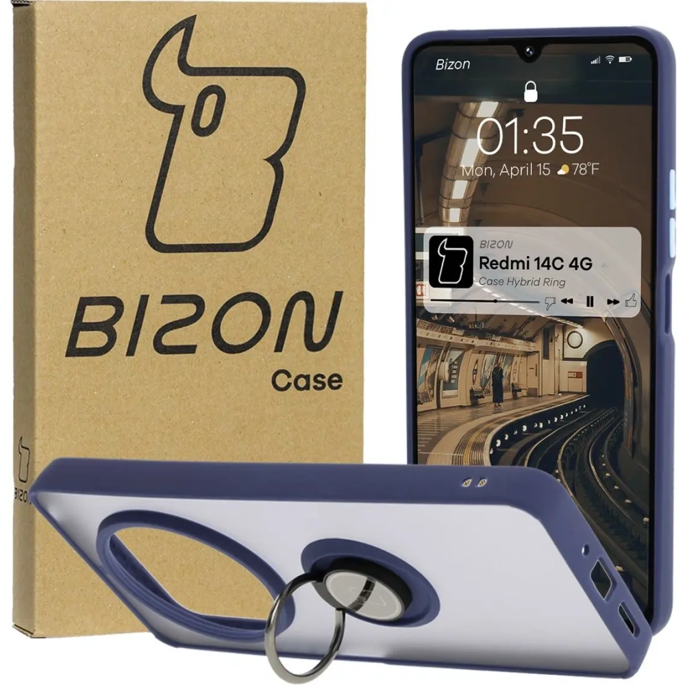 Hurtownia GSM - Etui z uchwytem na palec Bizon Case Hybrid Ring do Xiaomi Redmi 14C 4G / POCO C75 zakouřená s modrým rámem - BIZ6944 - {ean13} - Hurt