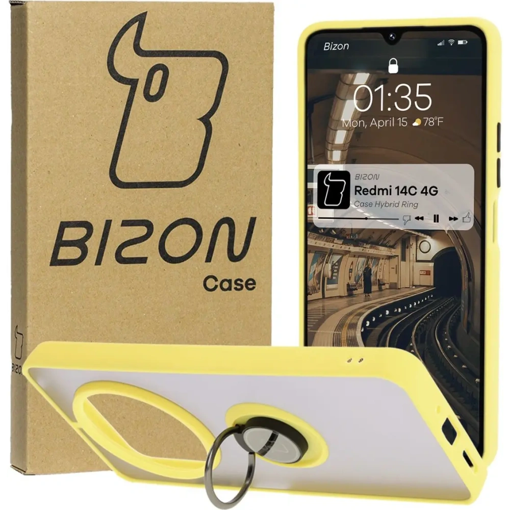 Hurtownia GSM - Etui s úchopem na prst Bizon Case Hybrid Ring pro Xiaomi Redmi 14C 4G / POCO C75 kouřové s žlutým rámečkem - BIZ6946 - {ean13} - Hurt