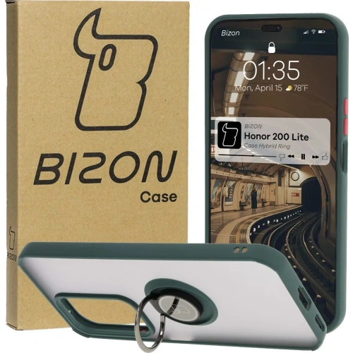 Etui z uchwytem na palec Bizon Case Hybrid Ring do Honor 200 Lite przydymione z ciemnozieloną ramką