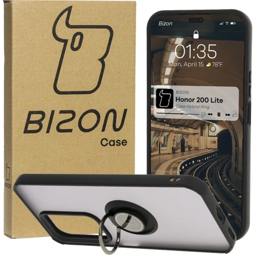 Etui z uchwytem na palec Bizon Case Hybrid Ring do Honor 200 Lite przydymione z czarną ramką