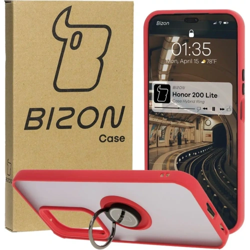 Etui z uchwytem na palec Bizon Case Hybrid Ring do Honor 200 Lite przydymione z czerwoną ramką