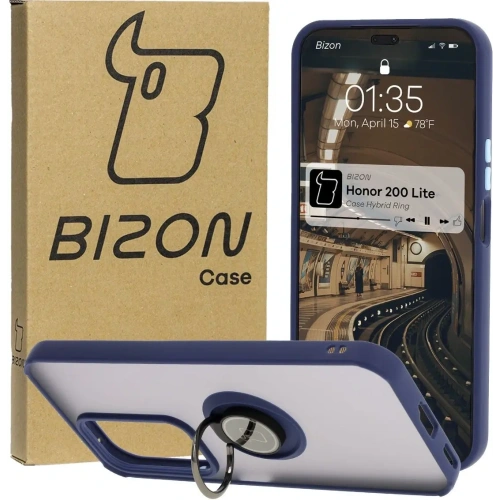 Etui z uchwytem na palec Bizon Case Hybrid Ring do Honor 200 Lite przydymione z granatową ramką