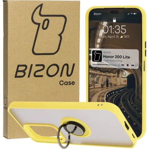 Etui z uchwytem na palec Bizon Case Hybrid Ring do Honor 200 Lite przydymione z żółtą ramką