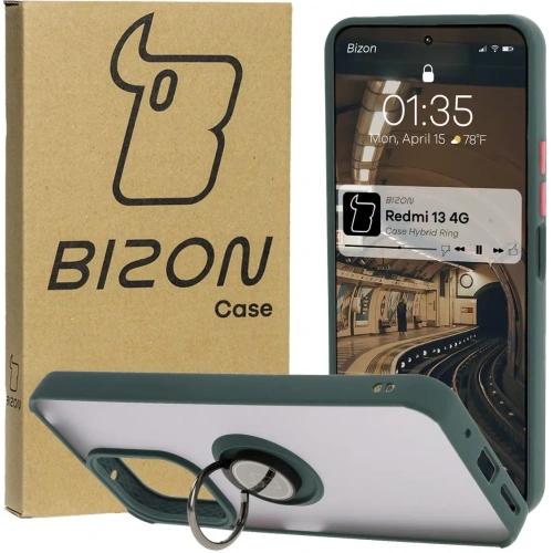 Etui z uchwytem na palec Bizon Case Hybrid Ring do Xiaomi Redmi 13 4G przydymione z ciemnozieloną ramką