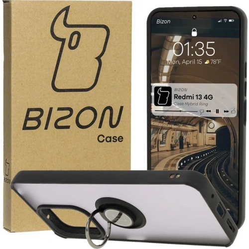 Etui z uchwytem na palec Bizon Case Hybrid Ring do Xiaomi Redmi 13 4G przydymione z czarną ramką