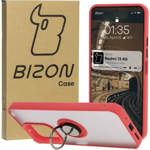 Etui z uchwytem na palec Bizon Case Hybrid Ring do Xiaomi Redmi 13 4G przydymione z czerwoną ramką