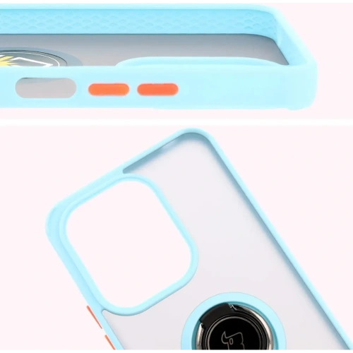 Etui z uchwytem na palec Bizon Case Hybrid Ring do Xiaomi Redmi 13 4G przydymione z jasnoniebieską ramką