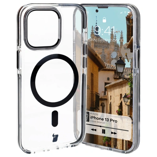Etui z pierścieniem magnetycznym Bizon Case Marco do Apple iPhone 13 Pro przezroczyste z czarną ramką