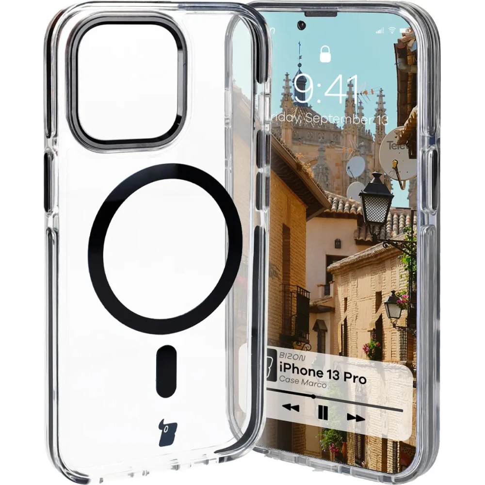 Hurtownia GSM - Etui z pierścieniem magnetickým Bizon Case Marco do Apple iPhone 13 Pro průhledné s černým rámečkem - BIZ6979 - {ean13} - Hurt