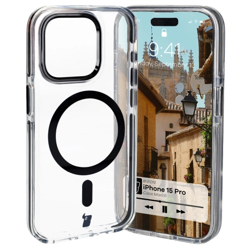 Etui z pierścieniem magnetycznym Bizon Case Marco do Apple iPhone 15 Pro przezroczyste z czarną ramką